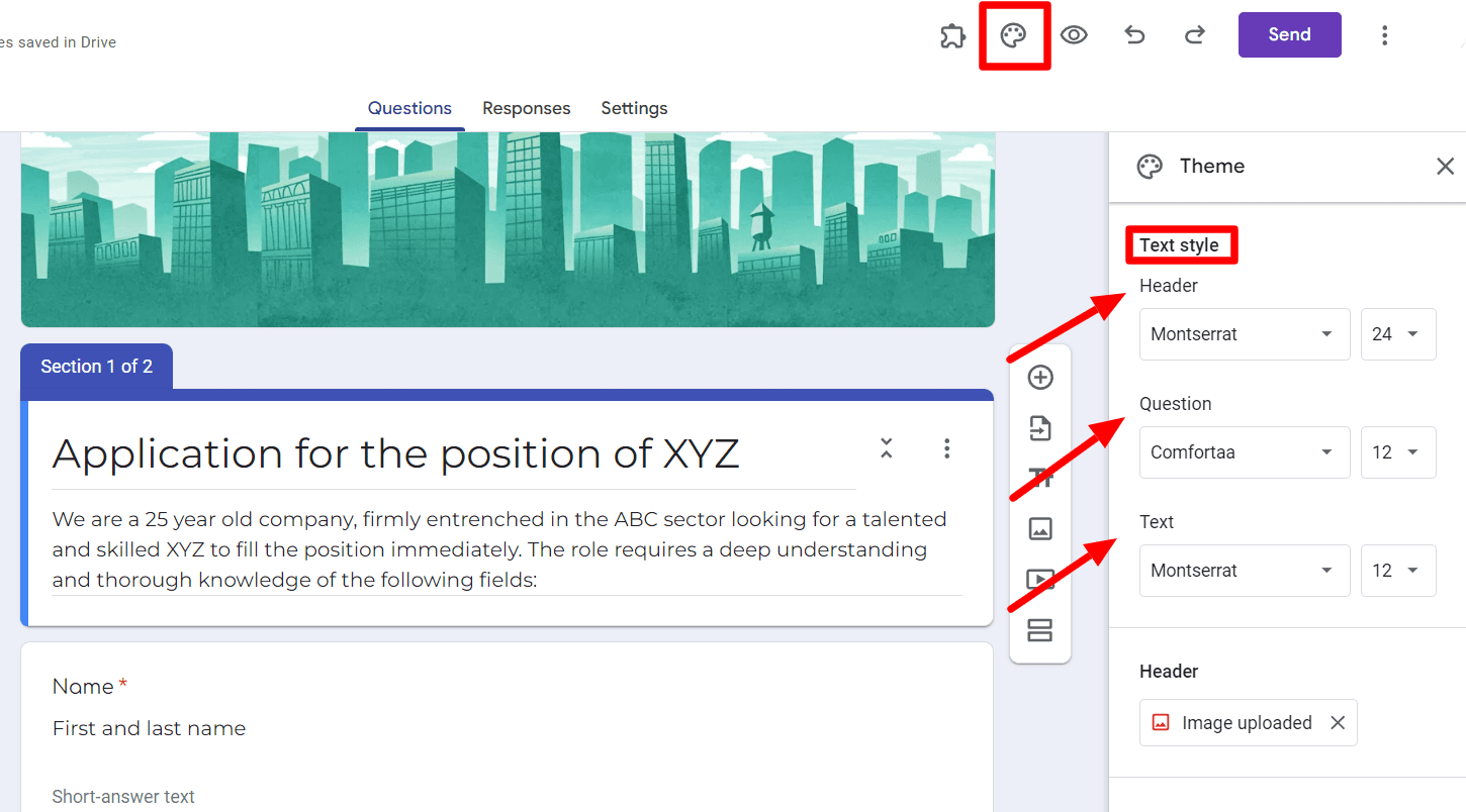 Image accompanying: Step 4: Customize your Google Forms job application form to match the branding