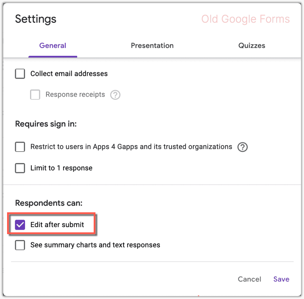 Image accompanying: Edit responses setting in Google Forms