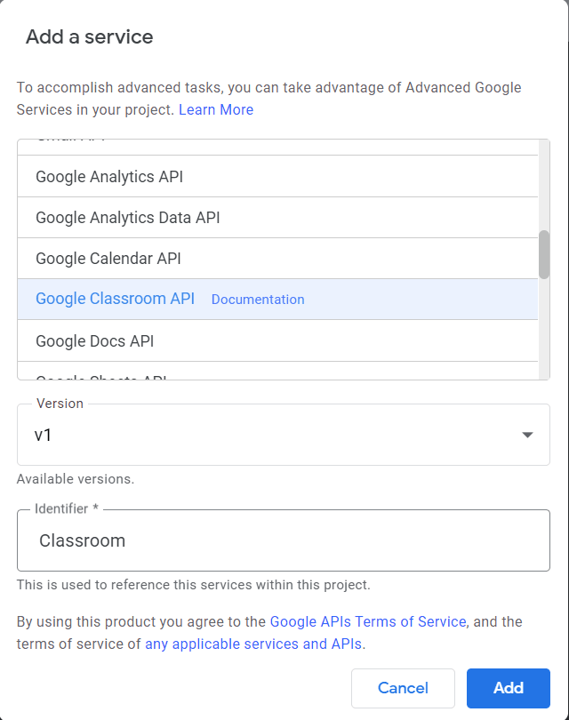 Image accompanying: Step 3: Add the Google Classroom API