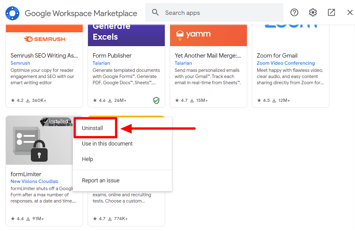 Image accompanying: Step 4: Remove Google Forms add-ons