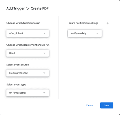 Image accompanying: Step 3: How to download new Google Form responses as PDF with triggers