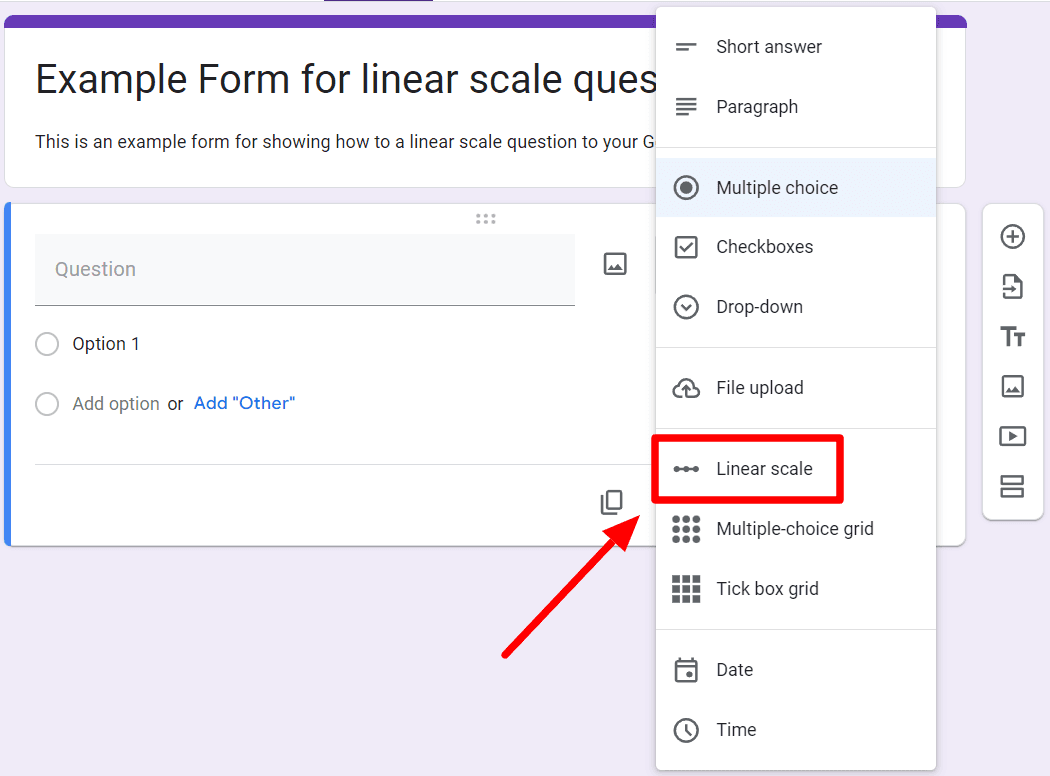 Image accompanying: Step 3: Choose the option for linear scale in Google Forms