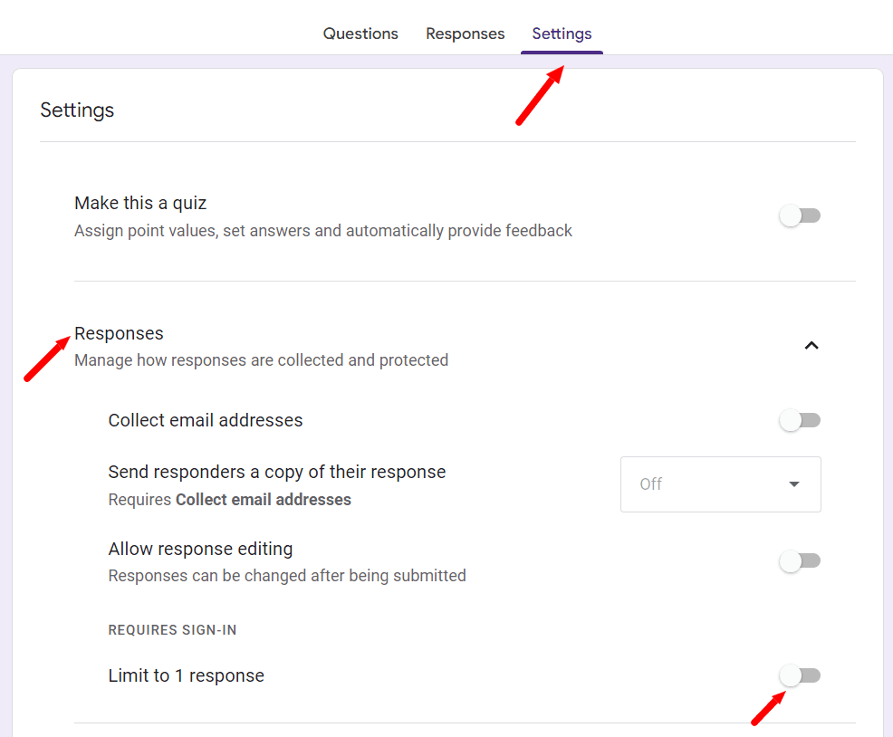 Image accompanying: Step 2: Ensure “Limit to 1 response” is off