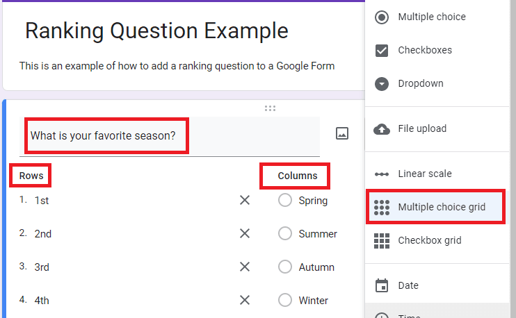 Image accompanying: Step 2: Use Google Forms multiple grid to add your rank order question