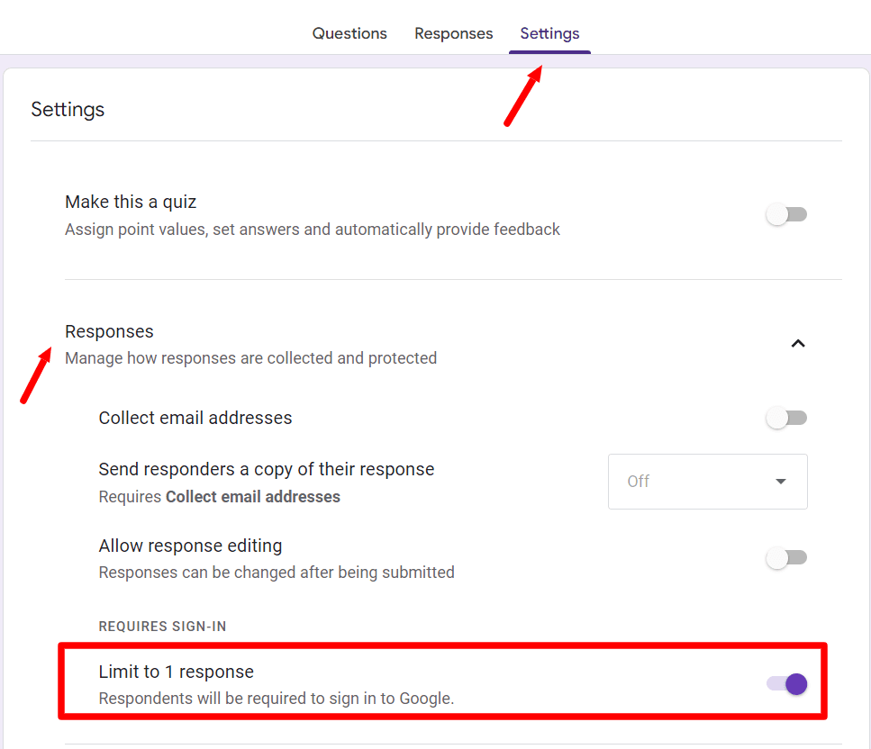 Image accompanying: Step 2: Ensure “Limit to 1 response” is off