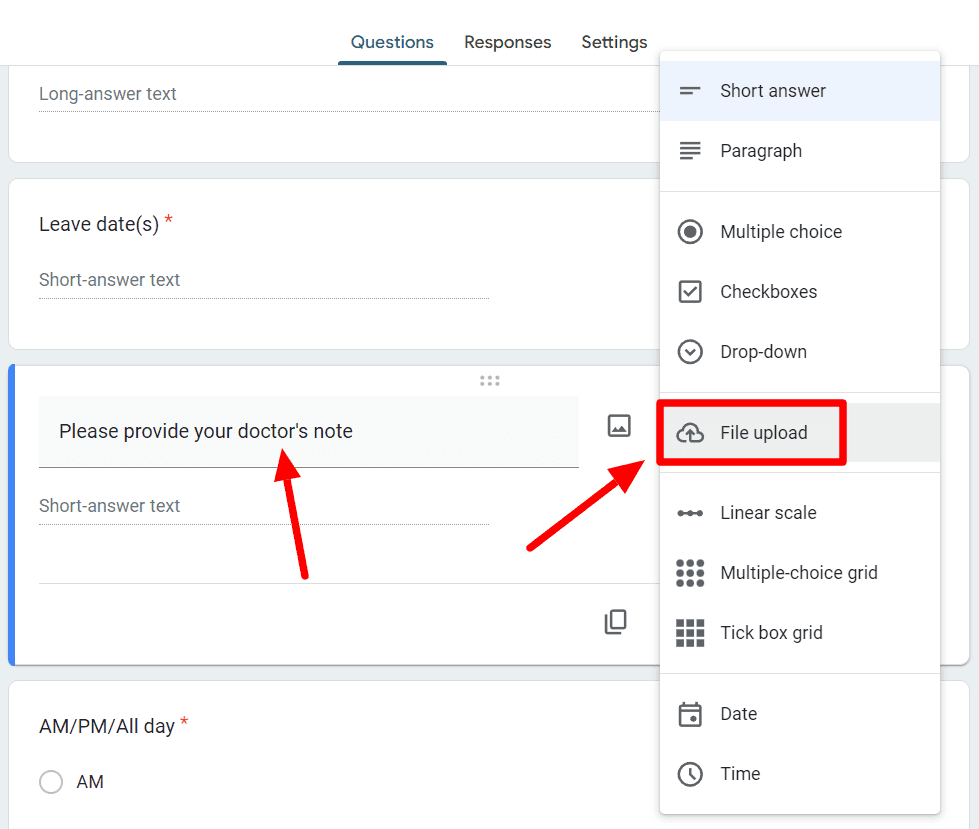Image accompanying: Step 4: Add file upload question for doctor’s note