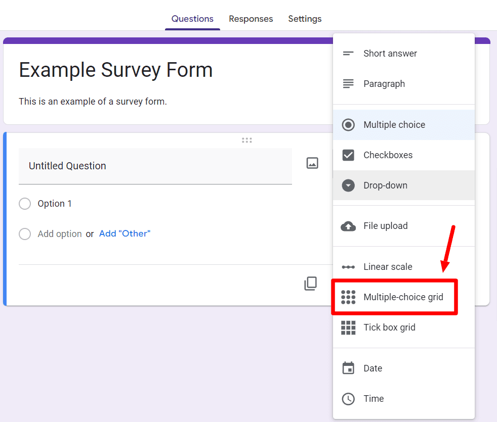 Image accompanying: Step 2: Add a multiple-choice grid question