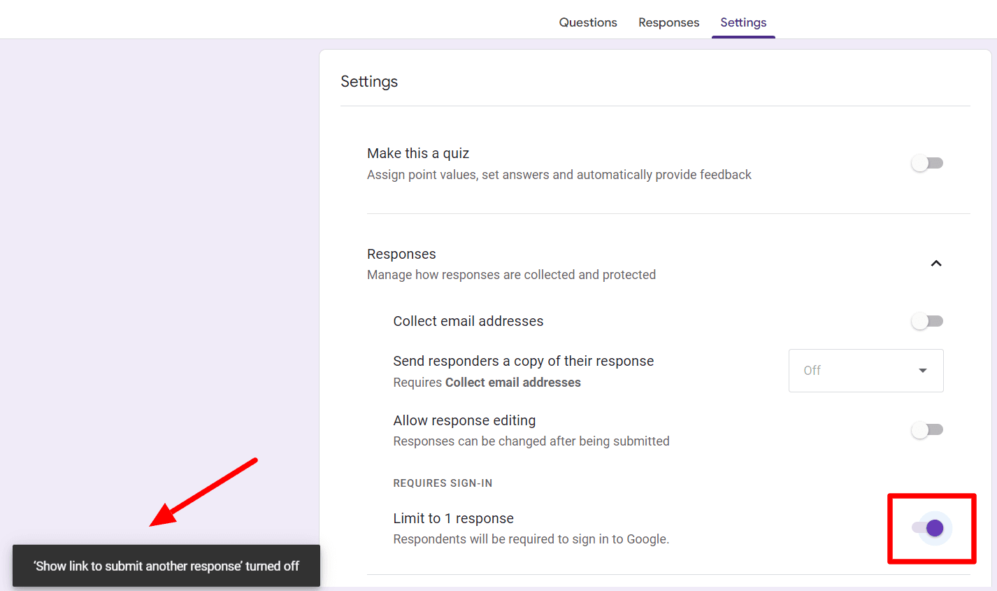 Image accompanying: Step 2: Click ‘Limit to 1 response’