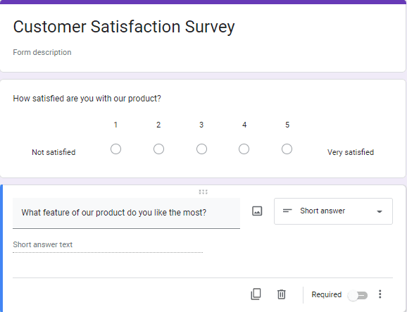 Image accompanying: Step 3: Fill in the questions for your Google Forms survey