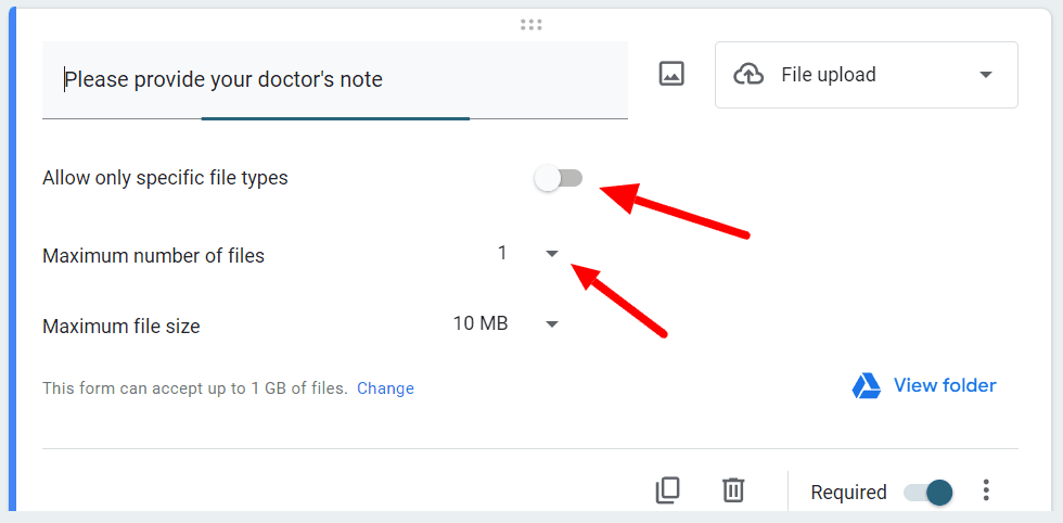 Image accompanying: Step 4: Add file upload question for doctor’s note
