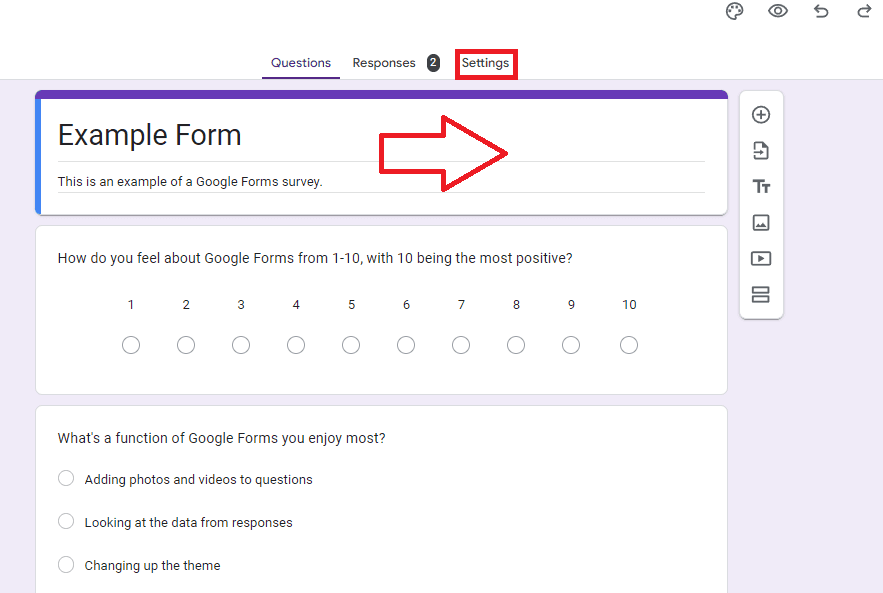 Image accompanying: Step 1: Open up the Google Form’s Settings tab