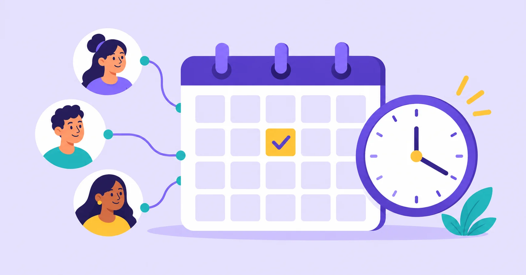 Three participants connected to a shared calendar and clock