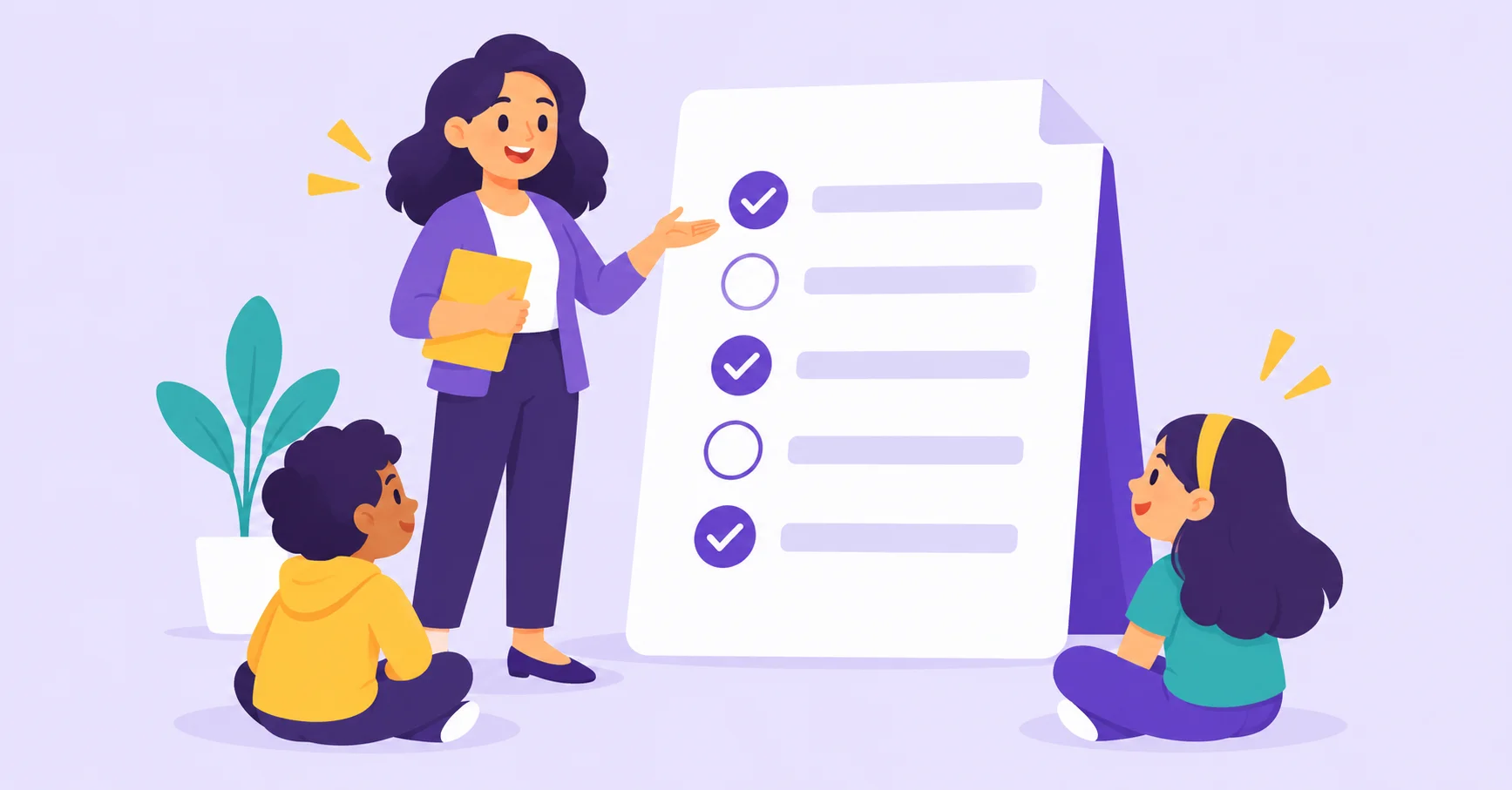 Teacher presenting a classroom survey to two students