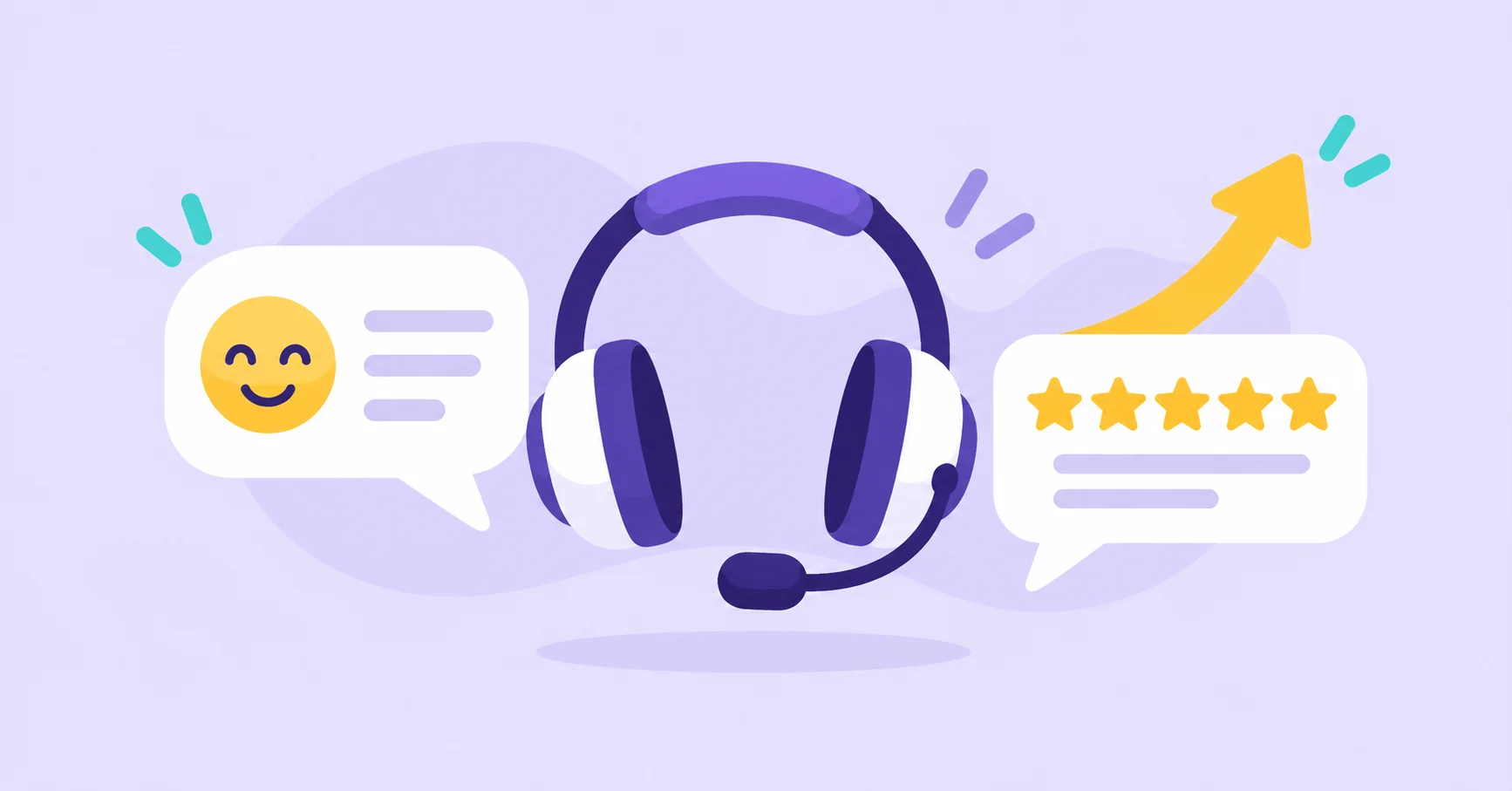 A customer-service headset between feedback bubbles with a smile, stars and an upward arrow.