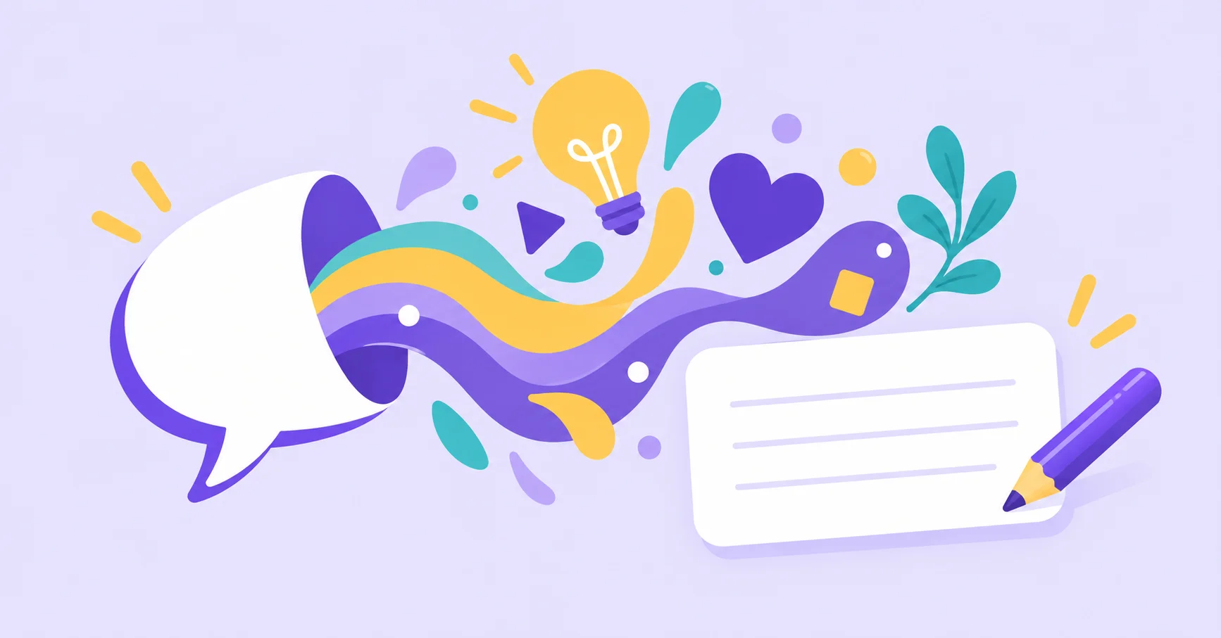 An open speech bubble releases colorful ideas beside a written-response card and pencil.