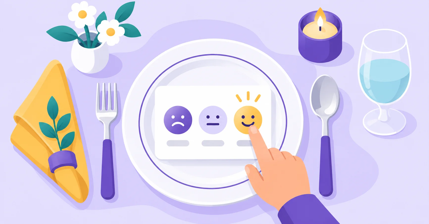 A diner selects a happy face on a feedback card placed on a restaurant plate.