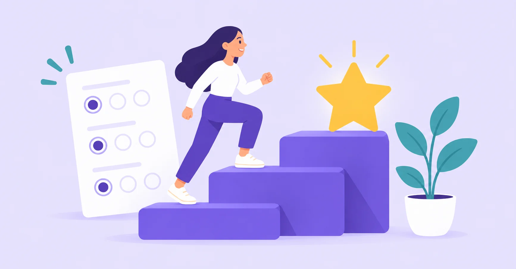 Employee climbing steps toward a star beside a development survey