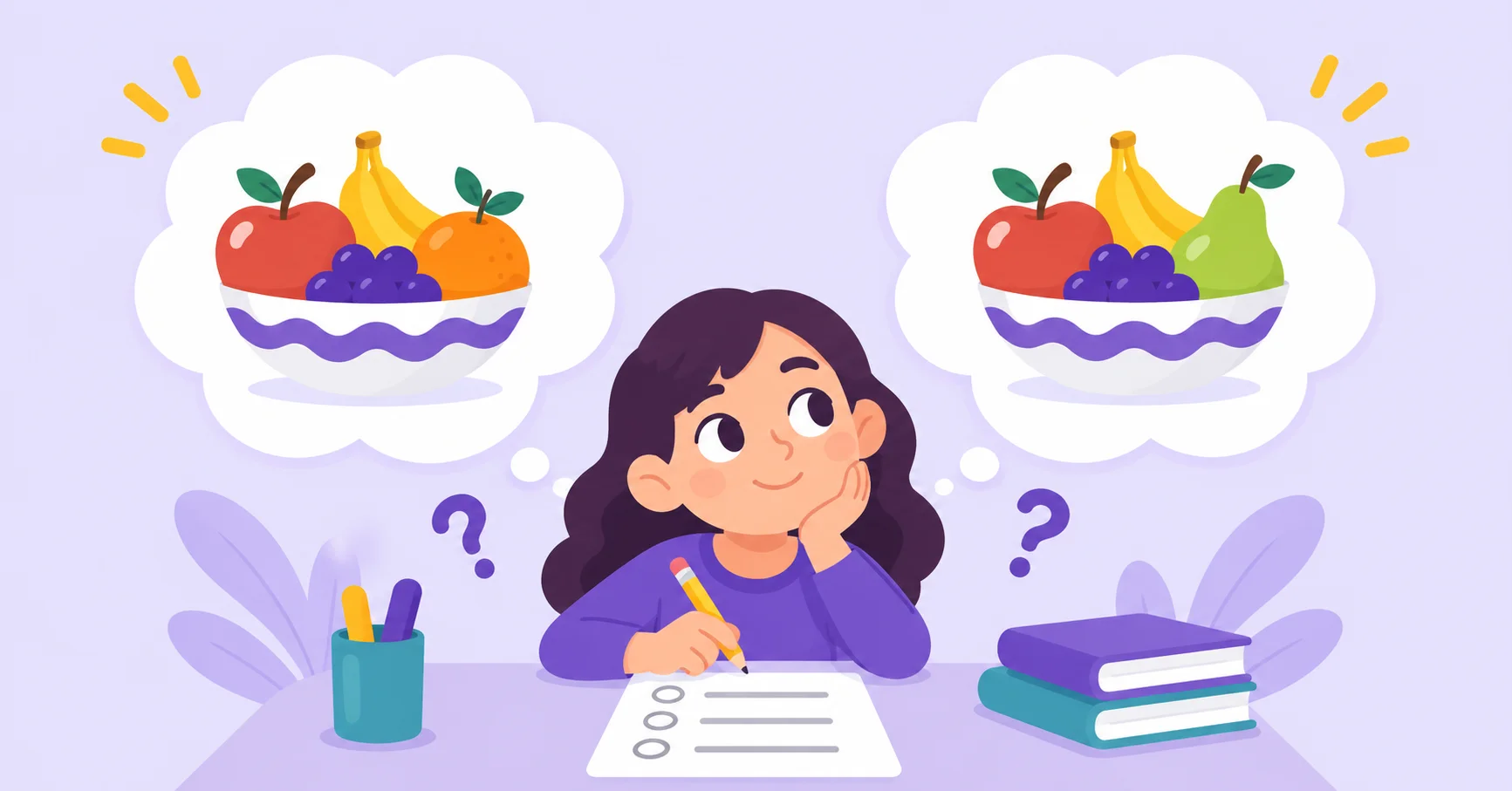 A student compares two remembered fruit bowls with an orange in one and a pear in the other.
