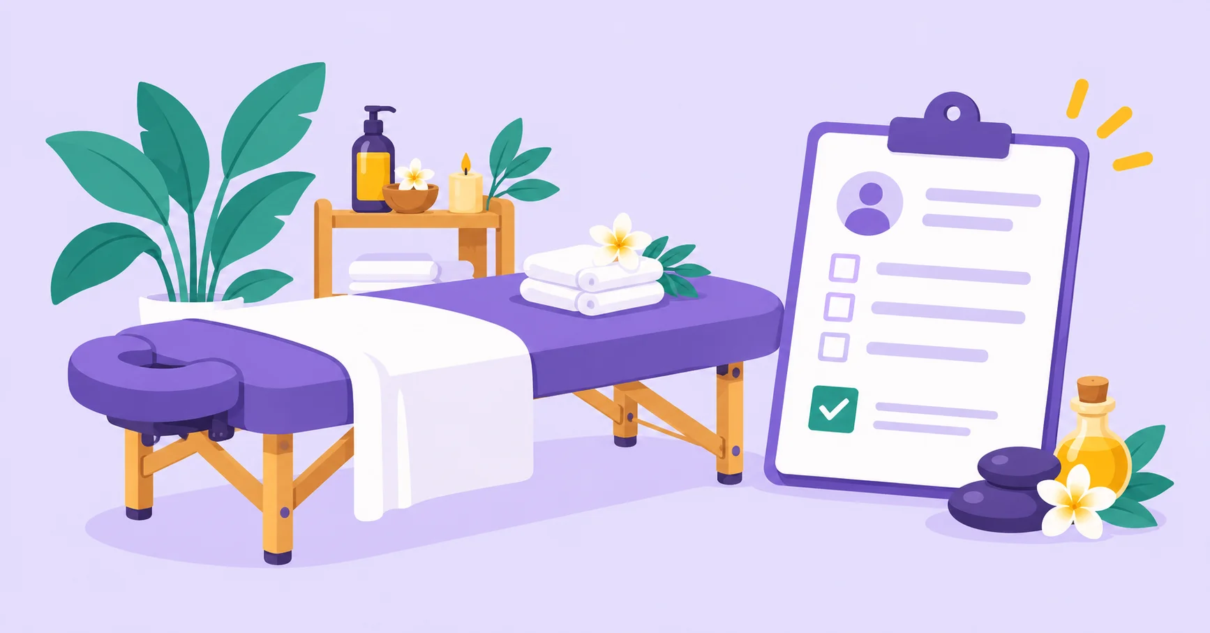 Massage table and client intake form with a consent checkmark