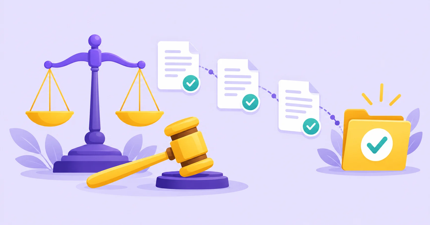 Legal documents moving through approvals beside scales and a gavel