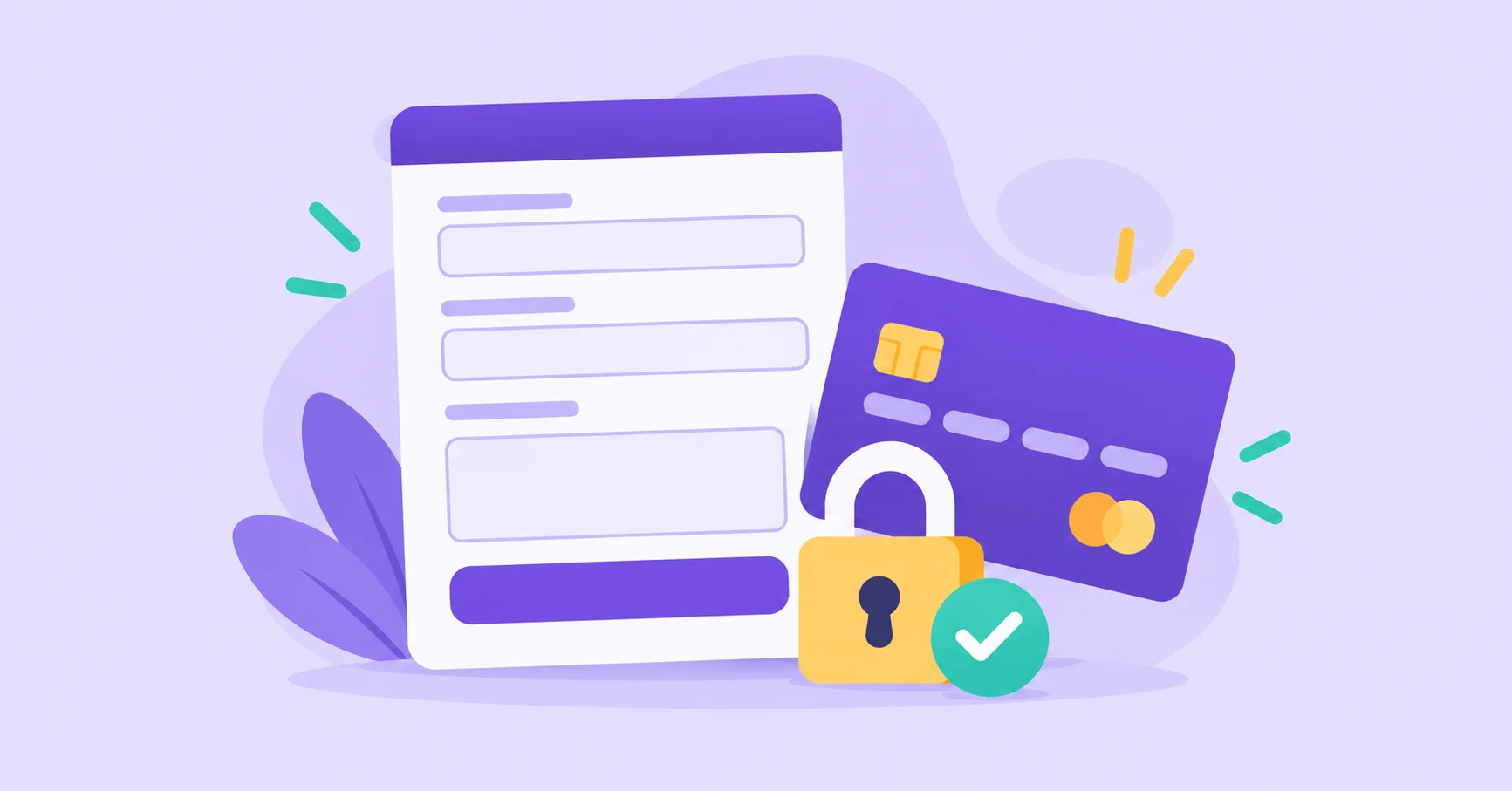 An order form beside a payment card, padlock and completion check.