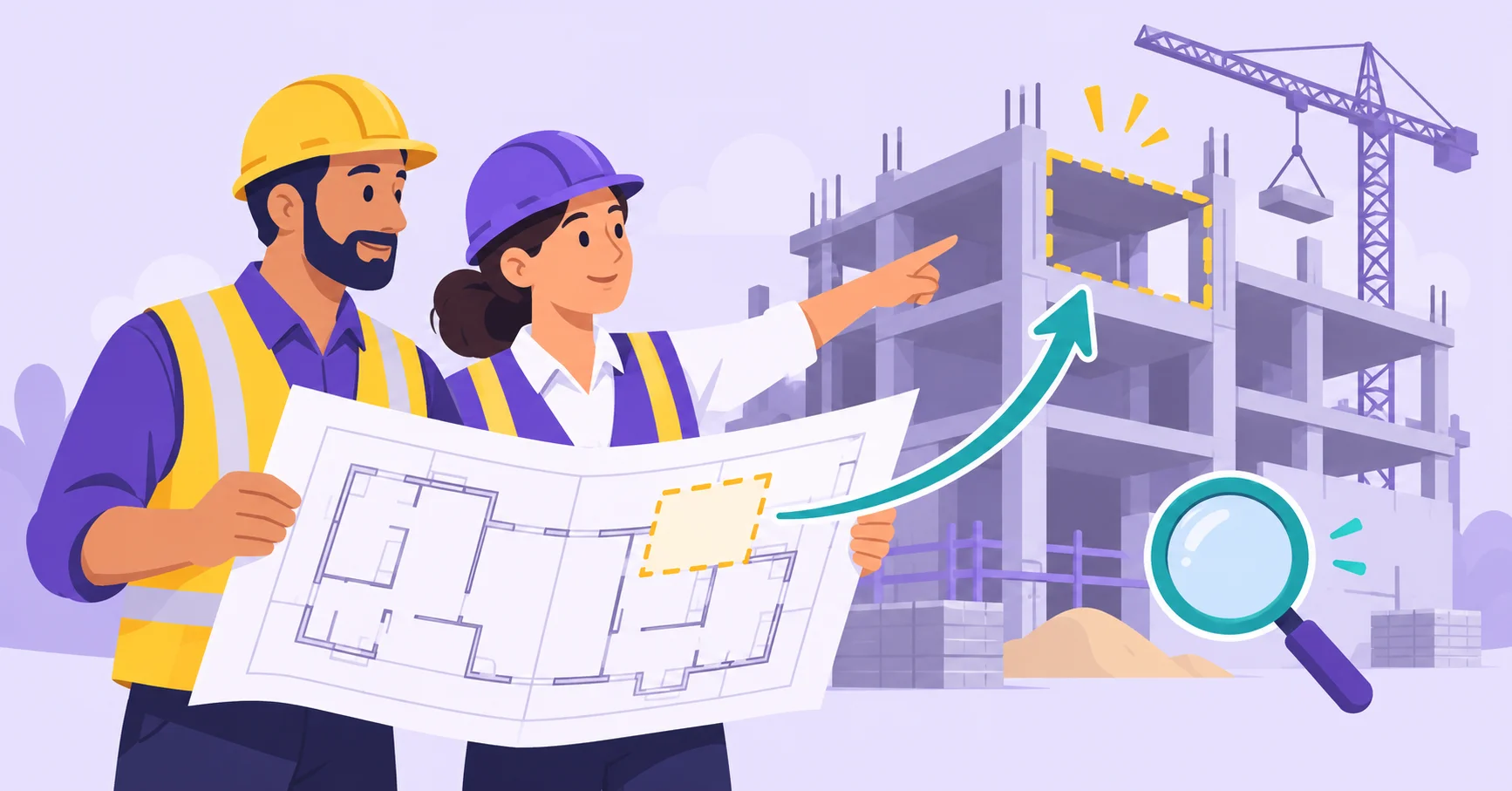 Construction professionals comparing a blueprint with a building site