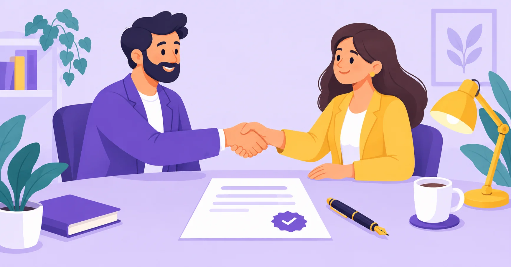 Two business owners shaking hands over a contract and pen