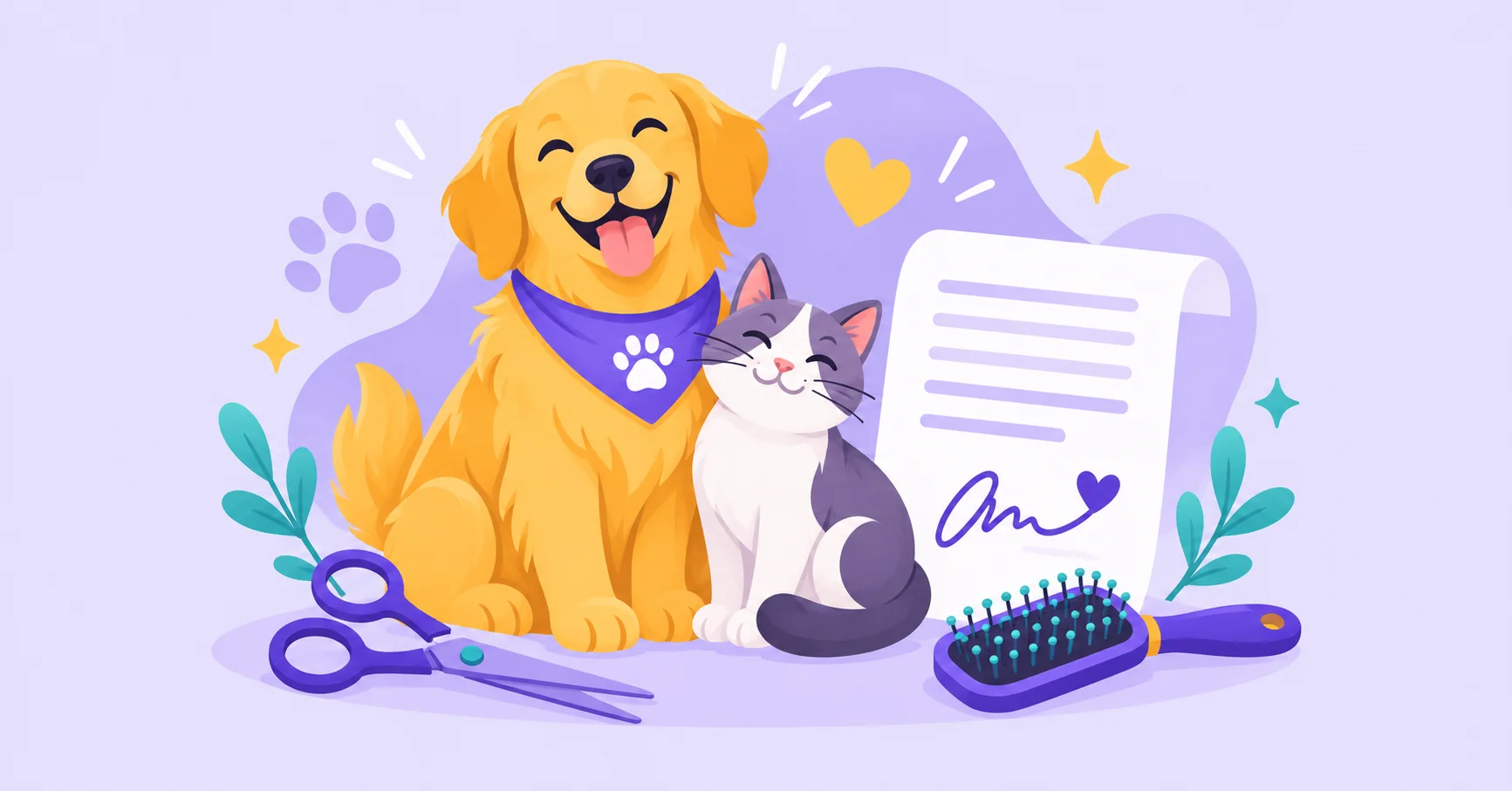 A happy dog and cat beside grooming scissors, a brush and a consent form.