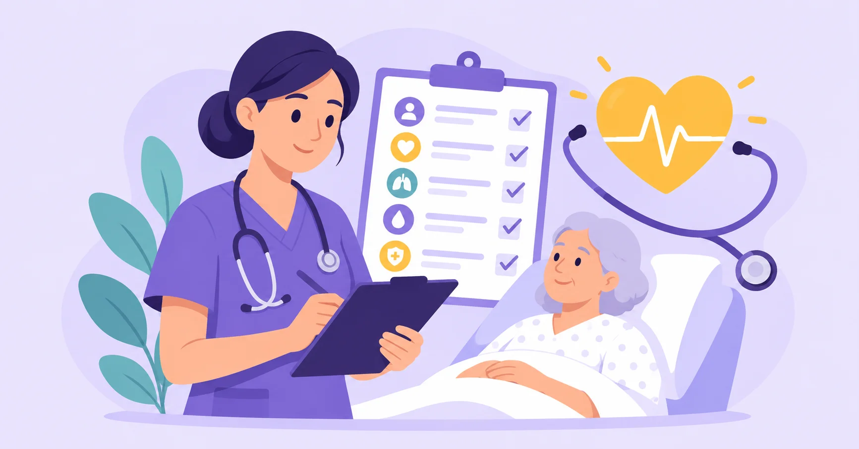 A nurse records a patient assessment beside health icons and a stethoscope.