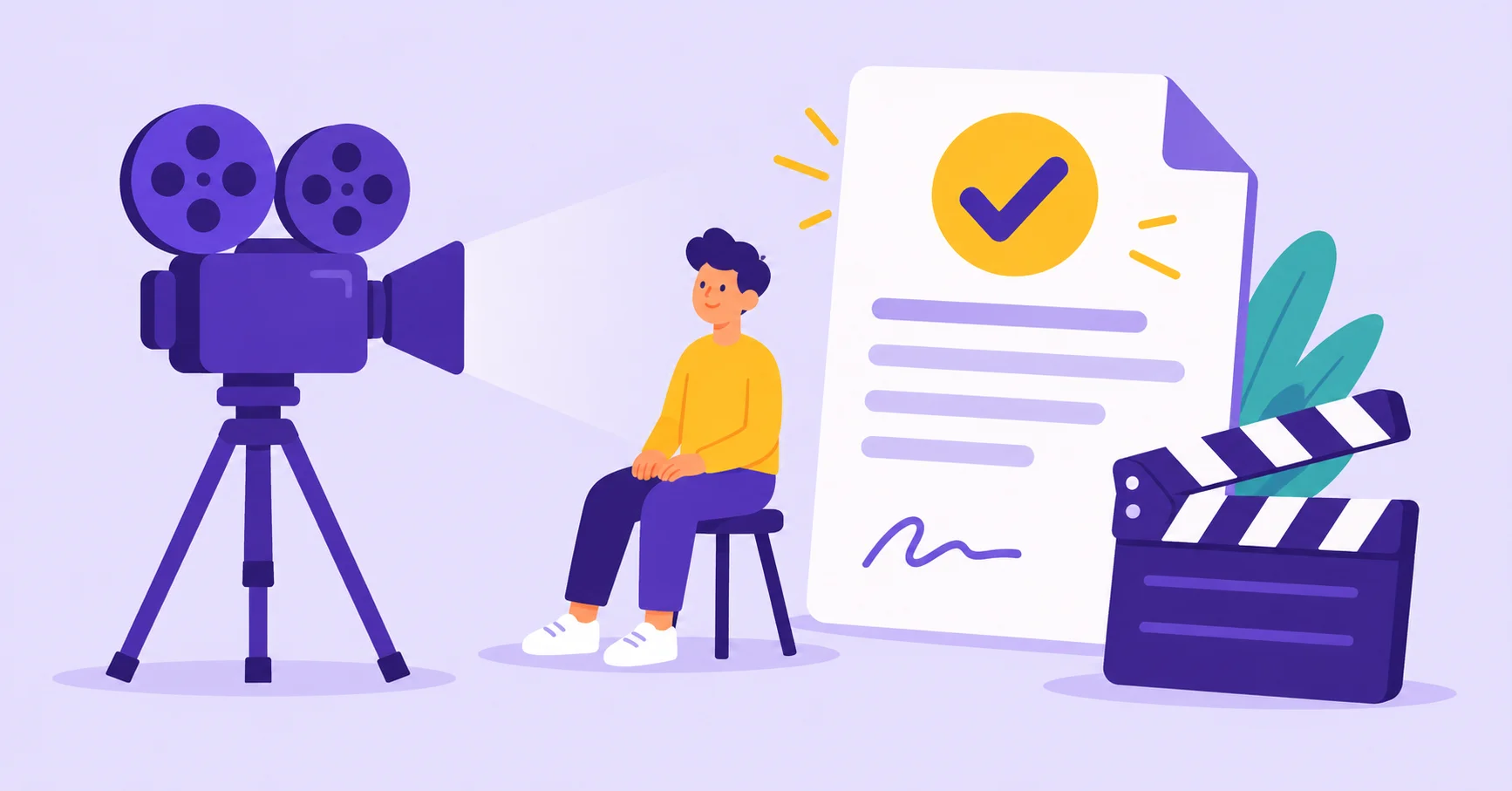 Film camera, seated subject and approved filming release form