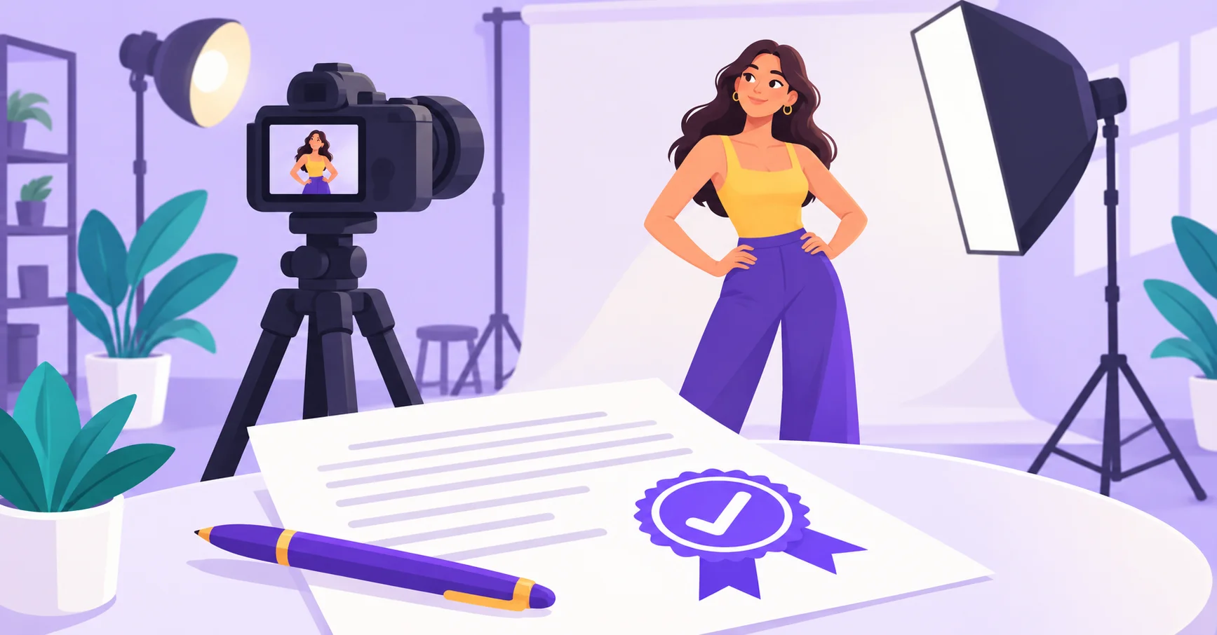 A model and studio camera beside a signed release document