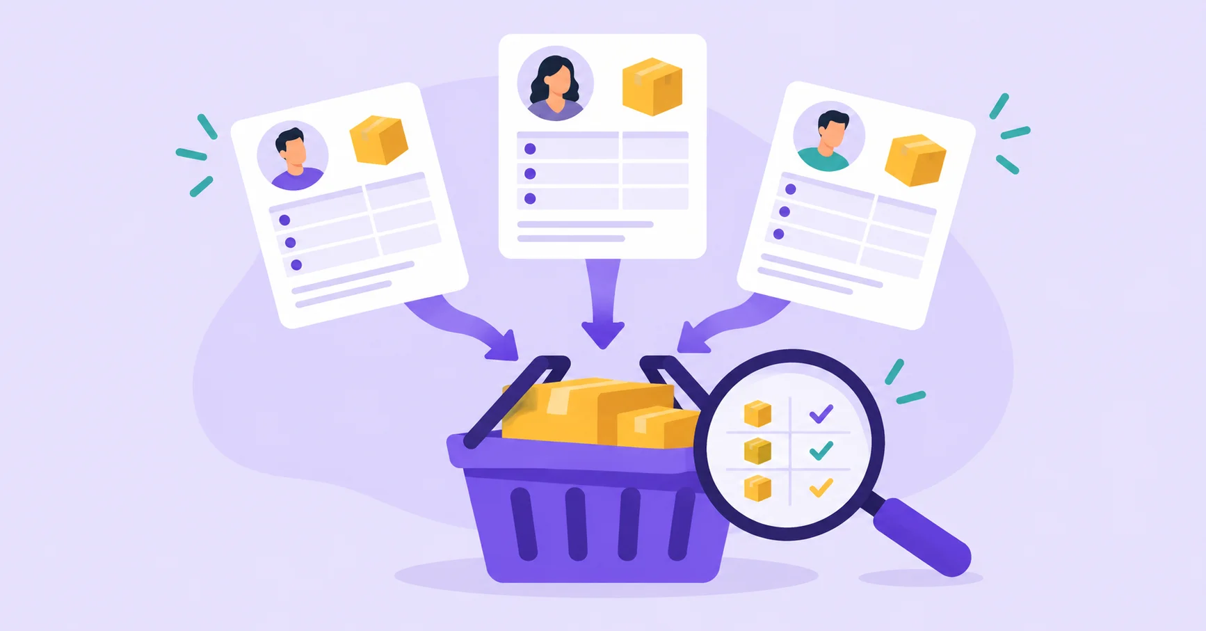 Supplier quotation cards feed into a procurement basket beside a comparison magnifying glass.