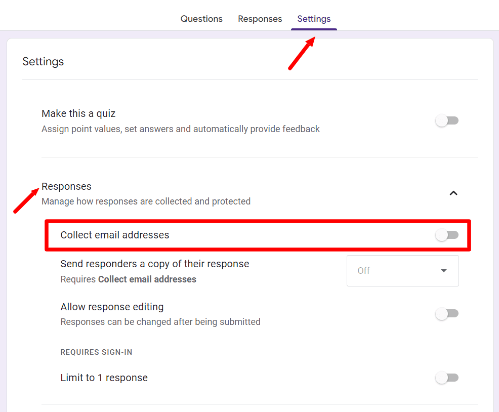 Image accompanying: Step 2: Ensure “Limit to 1 response” is off