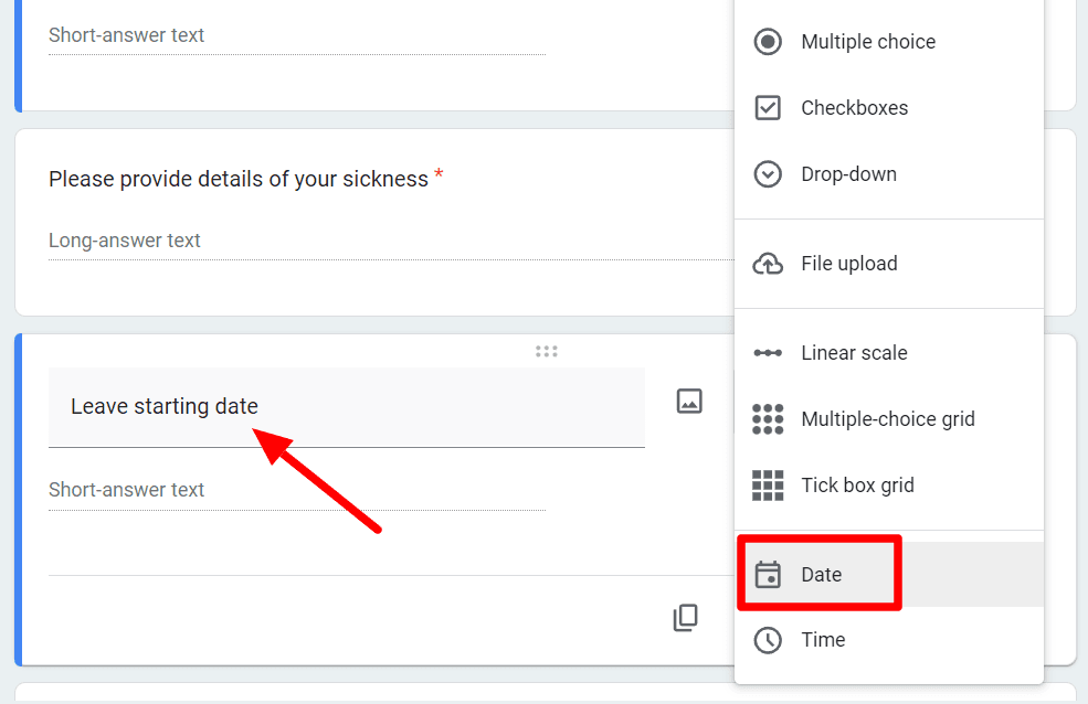 Image accompanying: Step 5: Add a date question for days of absence