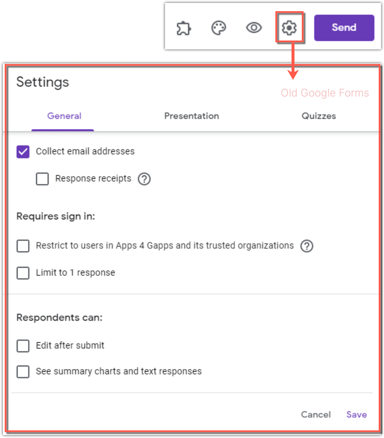 Revamped Google Forms options and settings